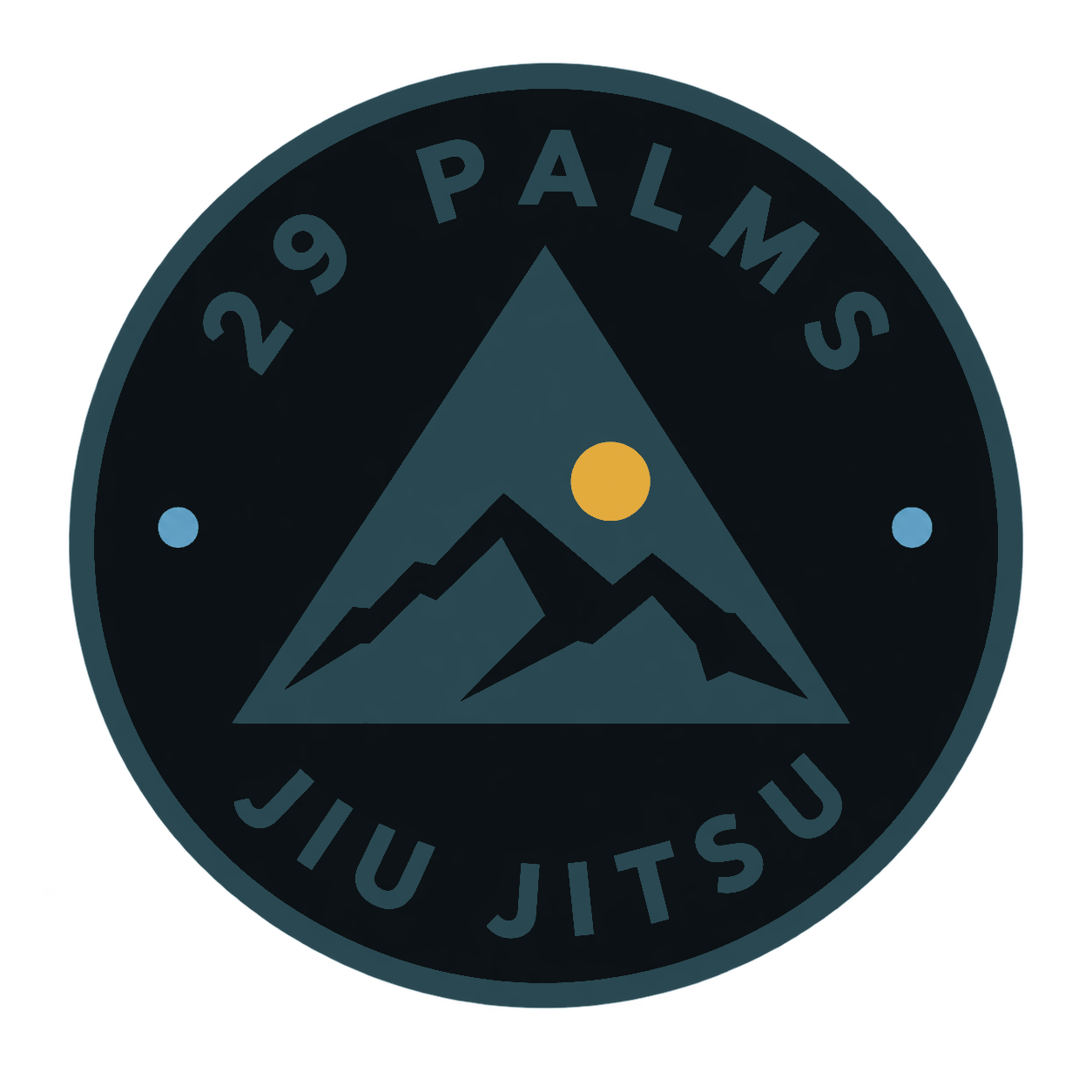 29 Palms Jiu Jitsu round logo with a desert mountain and rising sun